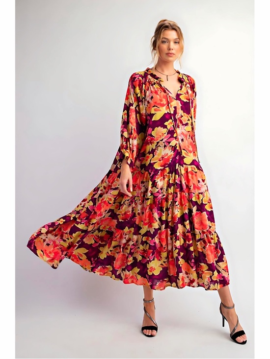 easel Dresses & Skirts - Easel Purple Multi Tiered Ruffle Floral Tassel Puff Sleeve Maxi Dress w/Pockets!